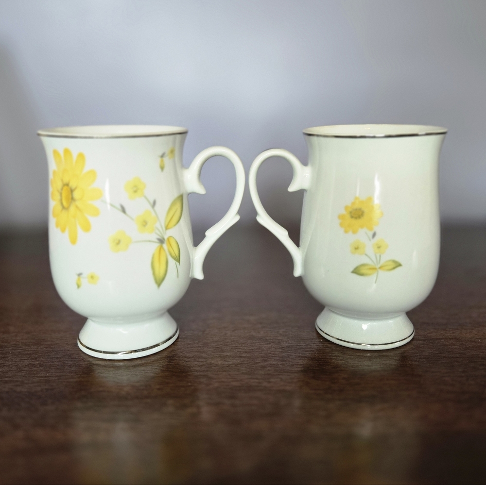 2 Vintage 1970 Sheffield Fine China "Sunshine" JE 40 Mugs Silver Trim Floral